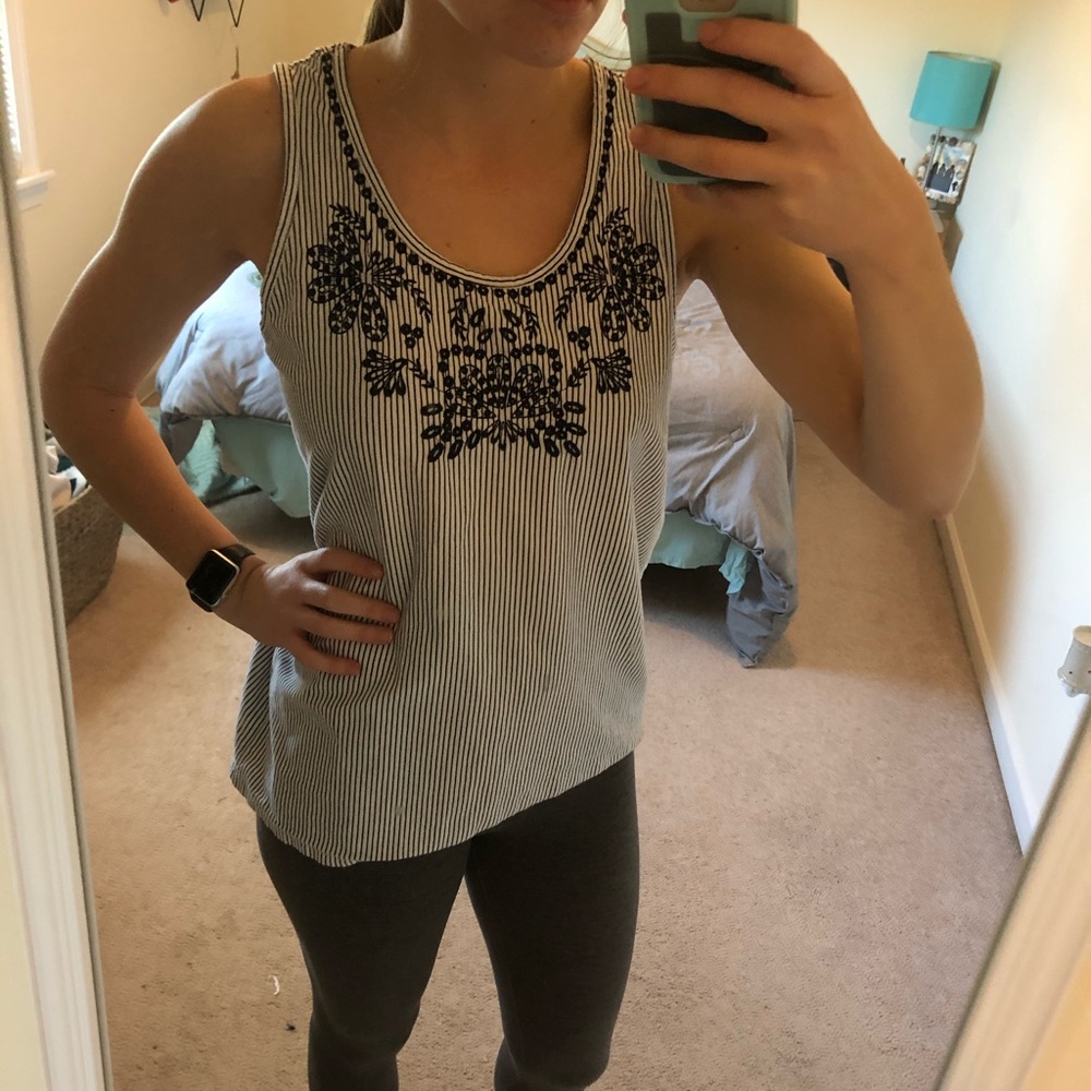 Navy & white embroidered tank
